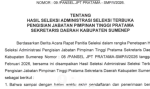 Panitia Seleksi (Pansel) mengumumkan hasil seleksi administrasi seleksi terbuka pengisian jabatan Sekeretaris Daerah (Sekda) Sumenep 2026.