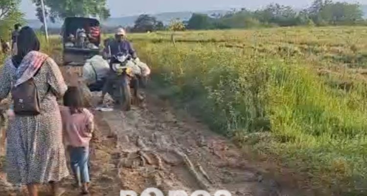 Rusak Berat : Warga tampak keselutin, beberapa bahakan harus berjalan kaki melintasi akses jalan menuju Kecamatan Arjasa, Kangean.