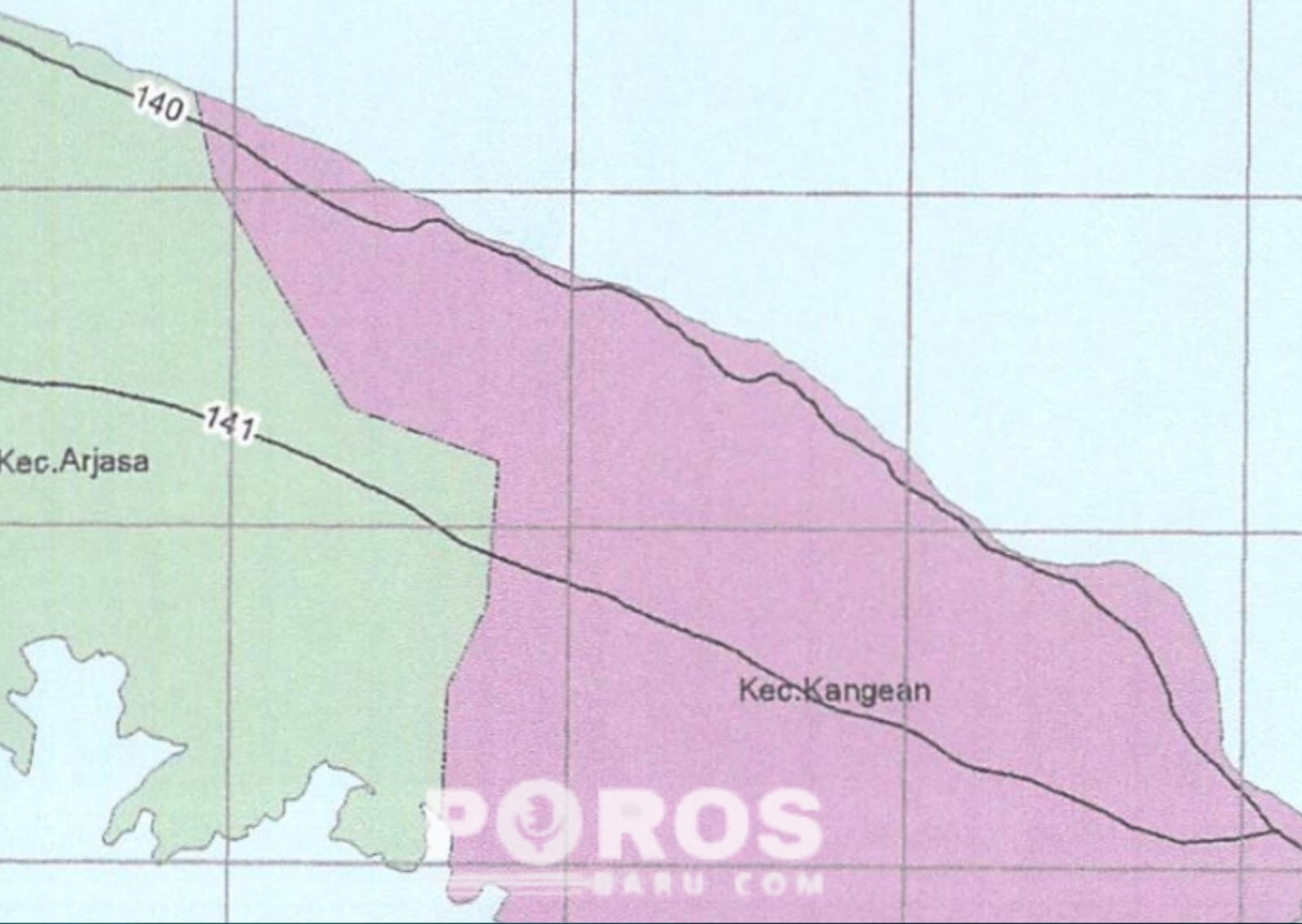 Peta dua poros utama masyarakat Kangayan (poros utara-selatan) yang diklaim ruas jalan kabupaten Sumenep.