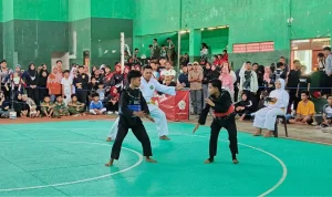 Kejuaraan IPSI Sumenep (1) Dua atlet pancak silat pasang badan di gelanggang Kejuaran Pancak Silat Antar Perguruan IPSI tahun 2026.