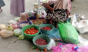 Pedagang sayuran di Pasar Anom Baru Sumenep tengah menjajal dagangannya.